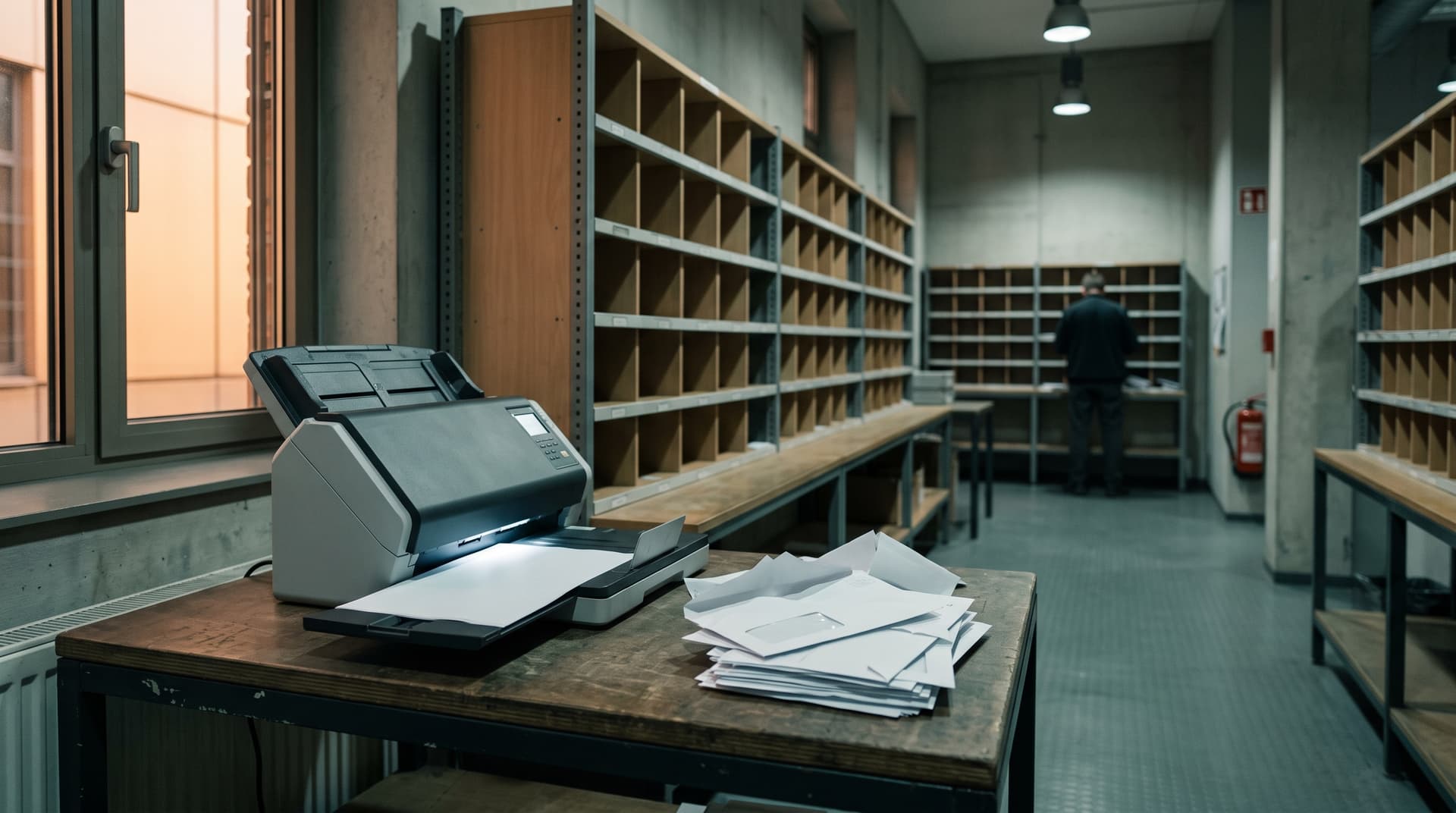 Poststelle mit Dokumentenscanner in einem deutschen Büro