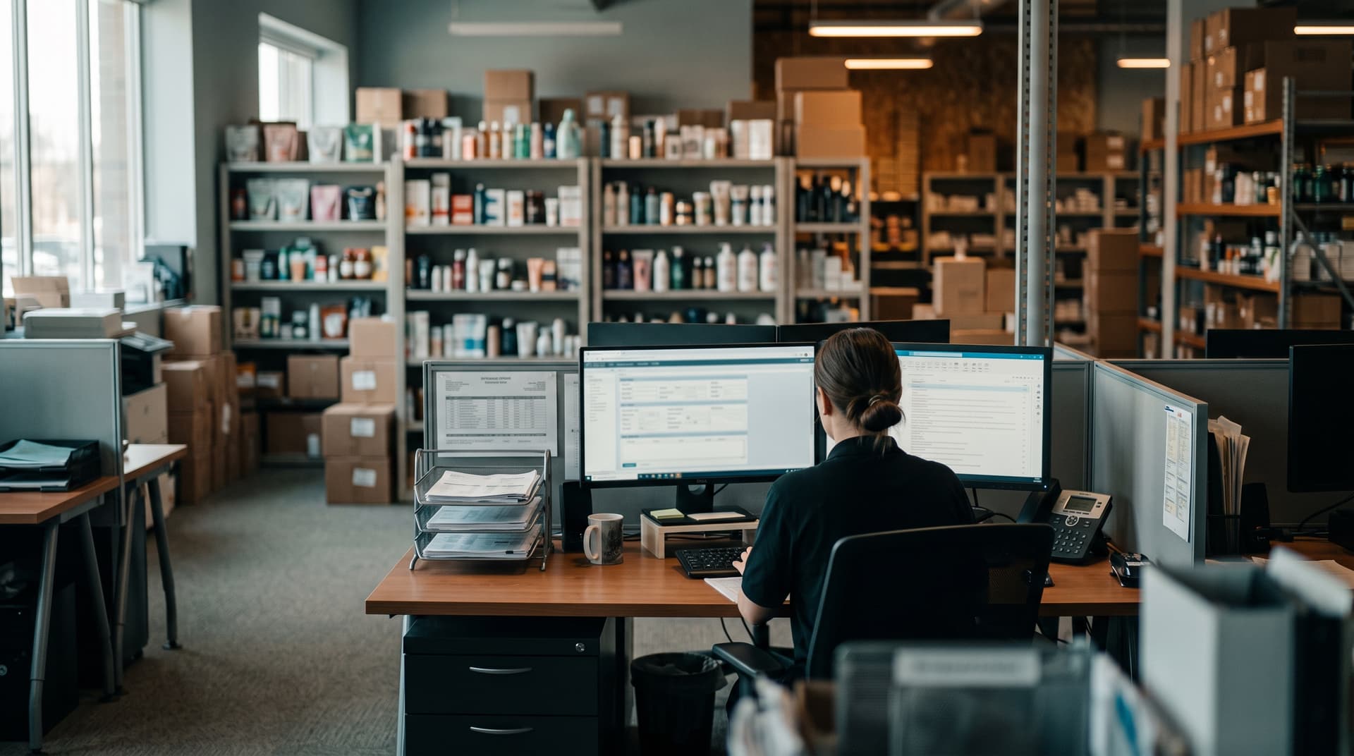 Innendienst-Arbeitsplatz mit Bestellunterlagen und ERP-Bildschirm