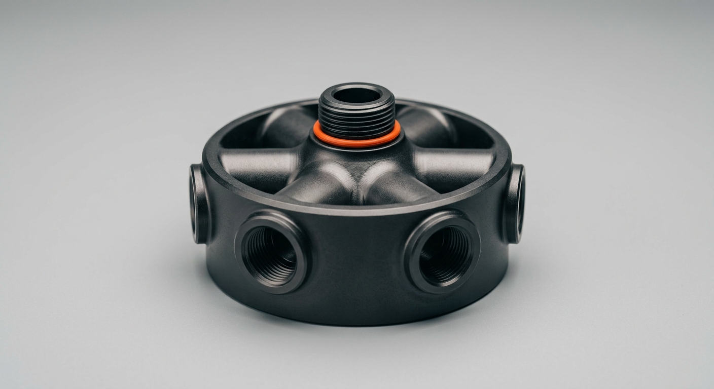 A dark metal manifold hub with many inlet ports converging into one outlet, representing a Company Brain connecting every system