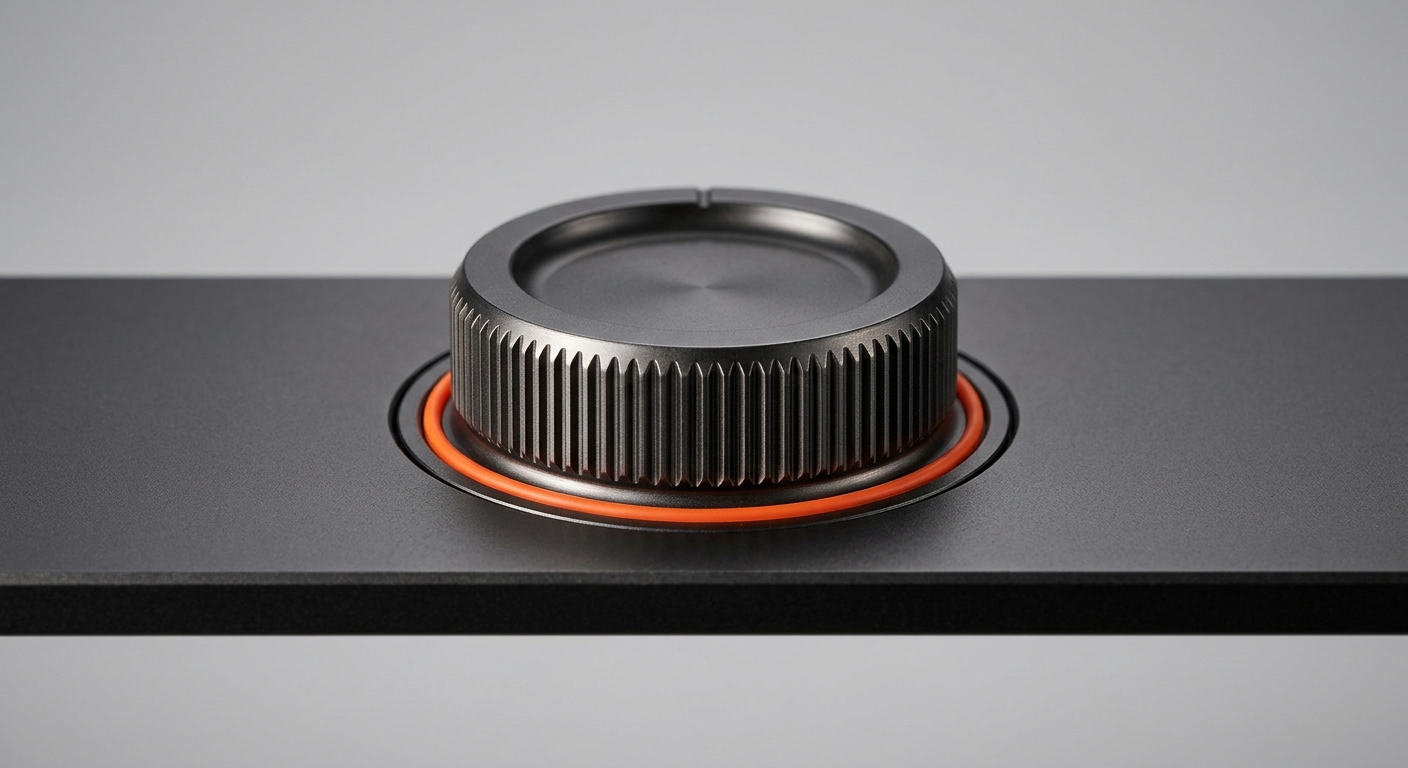 A machined metal control dial with an orange ring, representing spend limits and approval thresholds