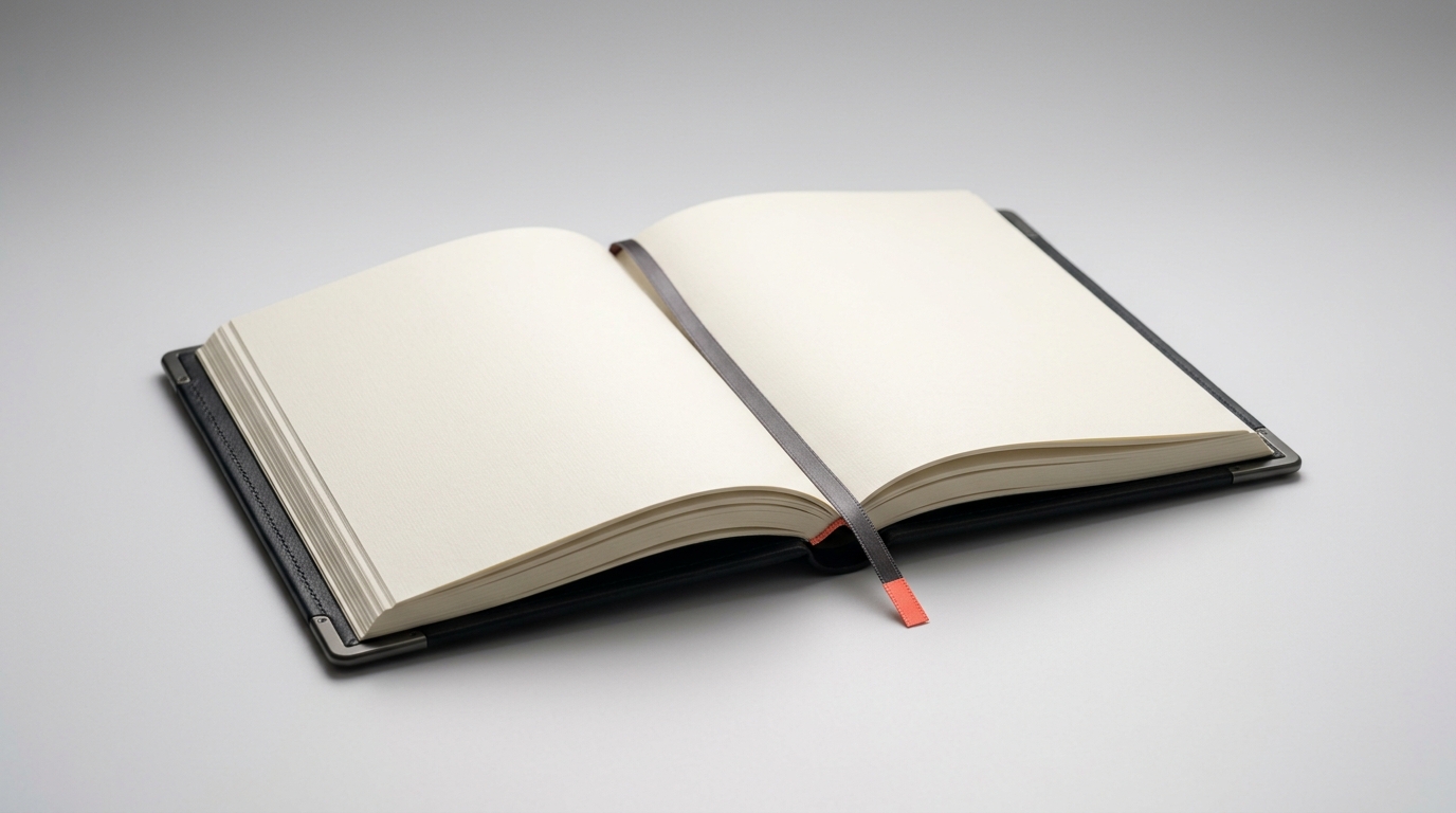 Ein aufgeschlagenes gebundenes Buchhaltungsbuch mit leeren Seiten und einem korallenorangen Lesebändchen