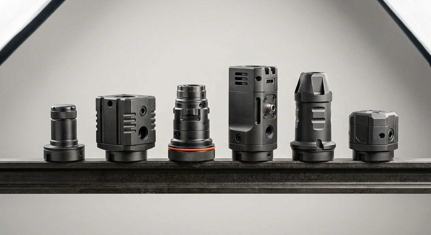 A row of distinct dark metal industrial modules on a rail, one marked with an orange ring, representing a lineup of AI accounts payable automation tools
