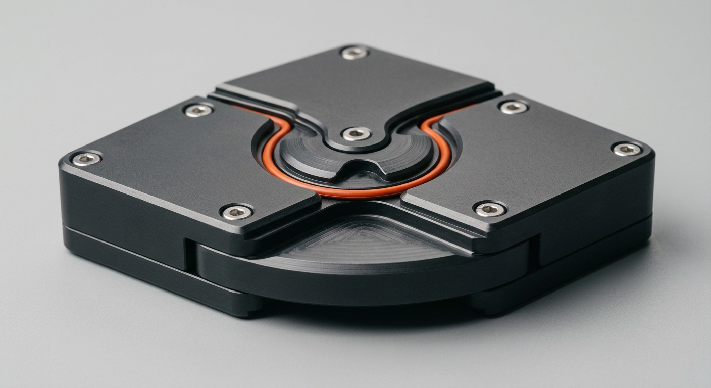 Three dark metal machined plates interlocking into one assembly with an orange seam, representing three-way matching of invoice, purchase order, and receipt