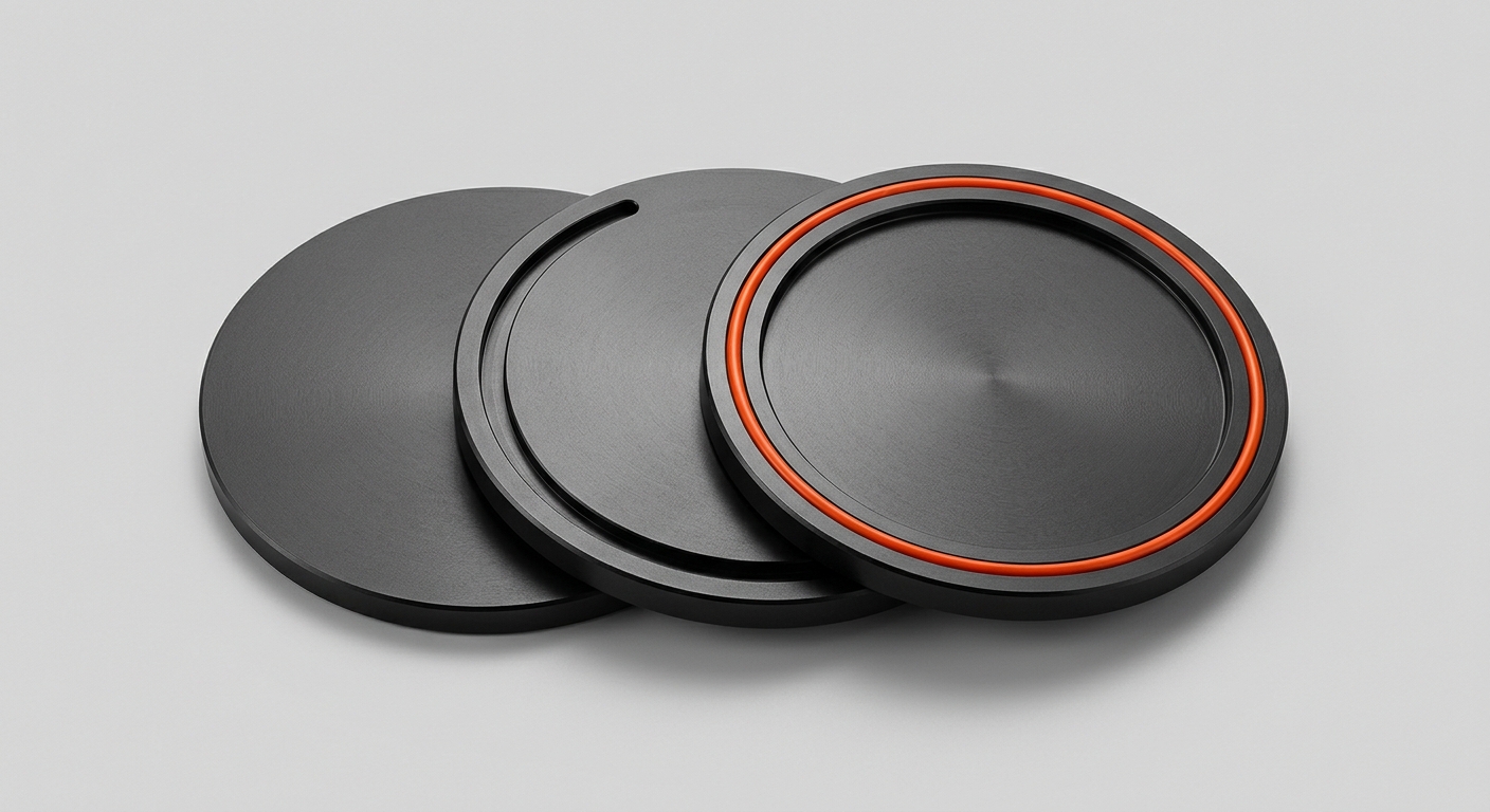 Three overlapping dark metal discs aligning at the centre with the top disc ringed in orange, representing three-way invoice matching against purchase order and goods receipt