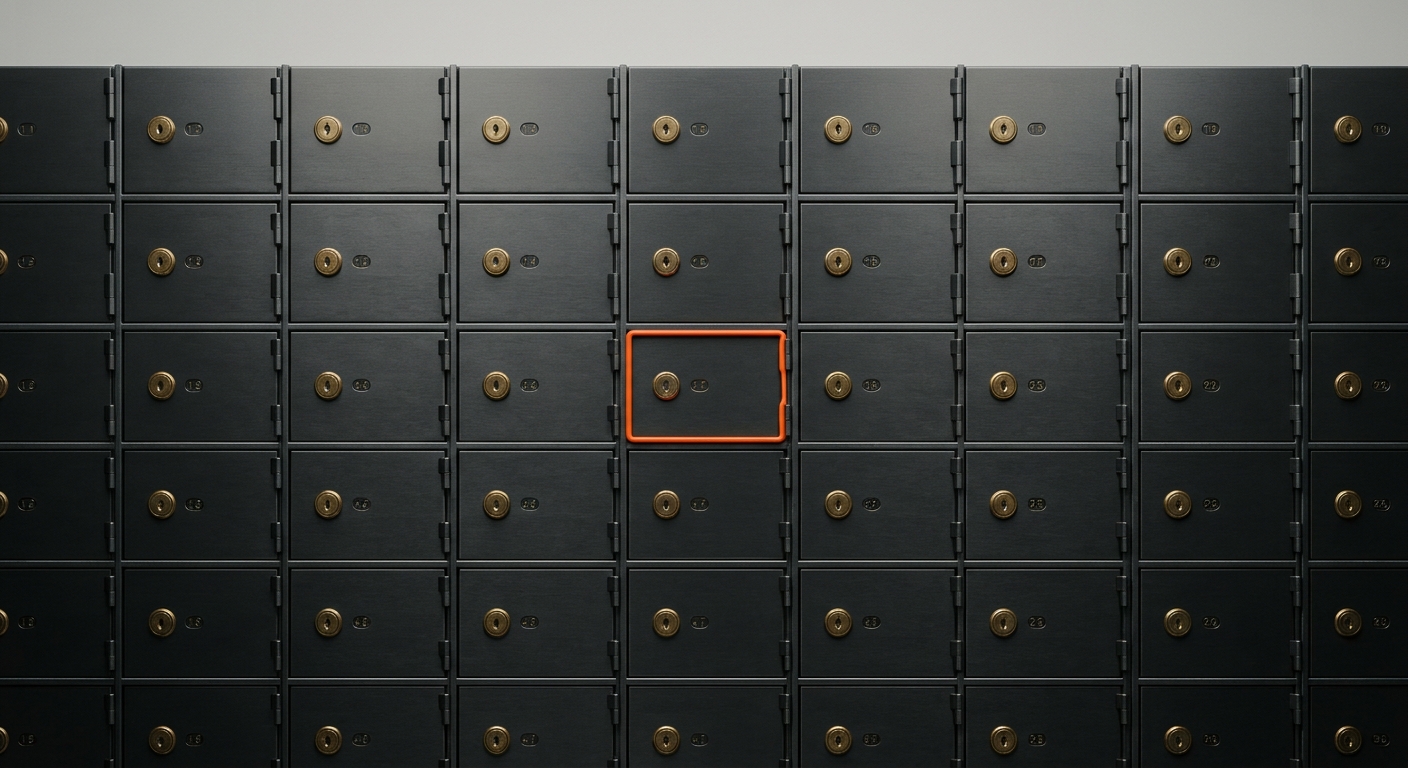 A grid of dark metal safe-deposit boxes with one framed in orange, representing institutional knowledge and records kept secure across a bank