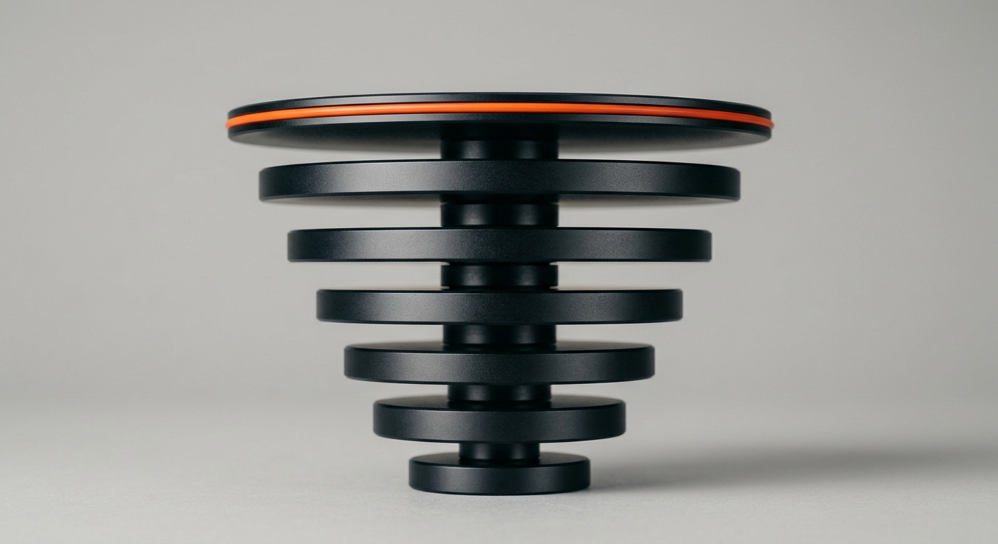 Ascending stacked metal discs representing reinvested capacity compounding over time