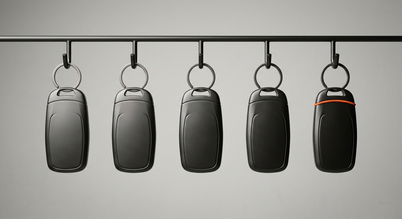 A row of car keys on a rack representing vehicles moving through sales, service, and after-sales
