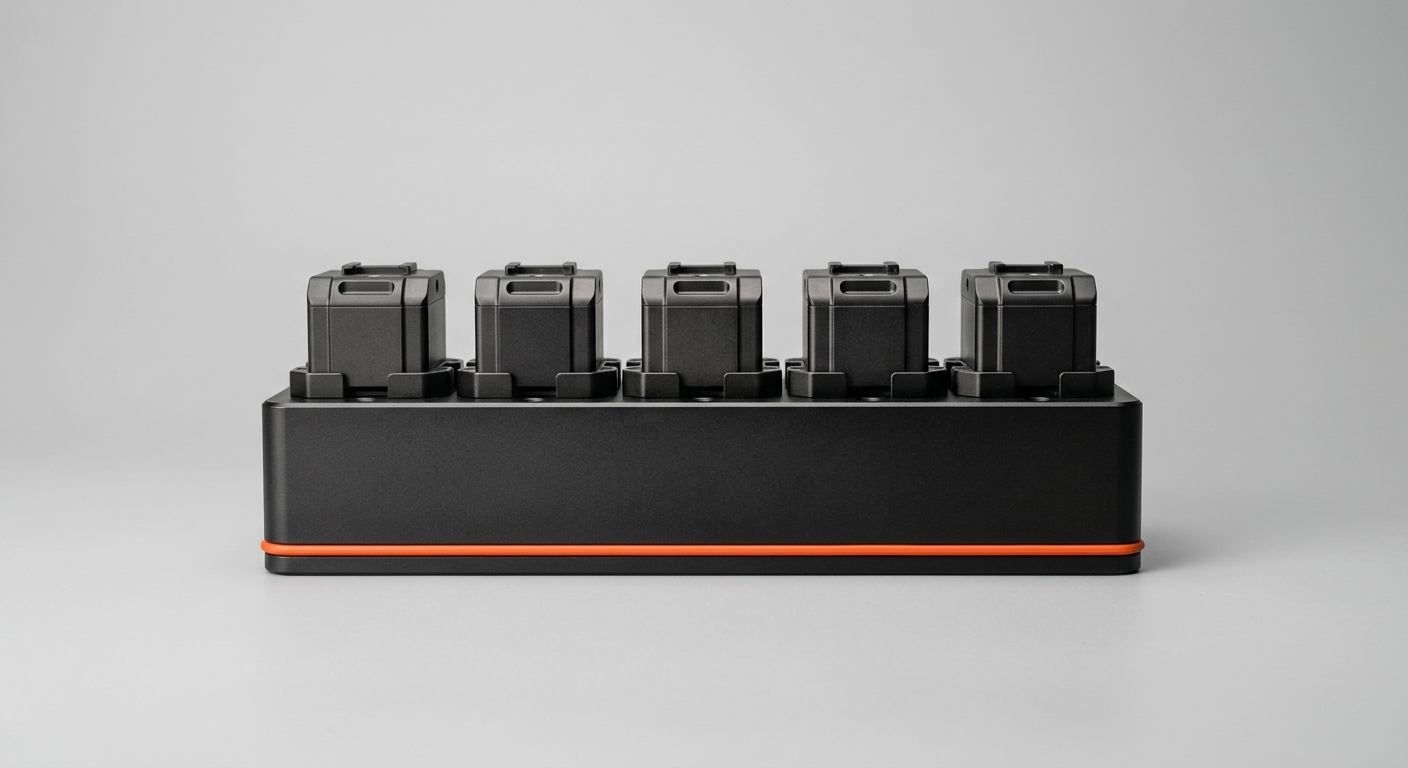 A solid foundation base with identical modular units mounted on top, representing AI employees on a shared Company Brain