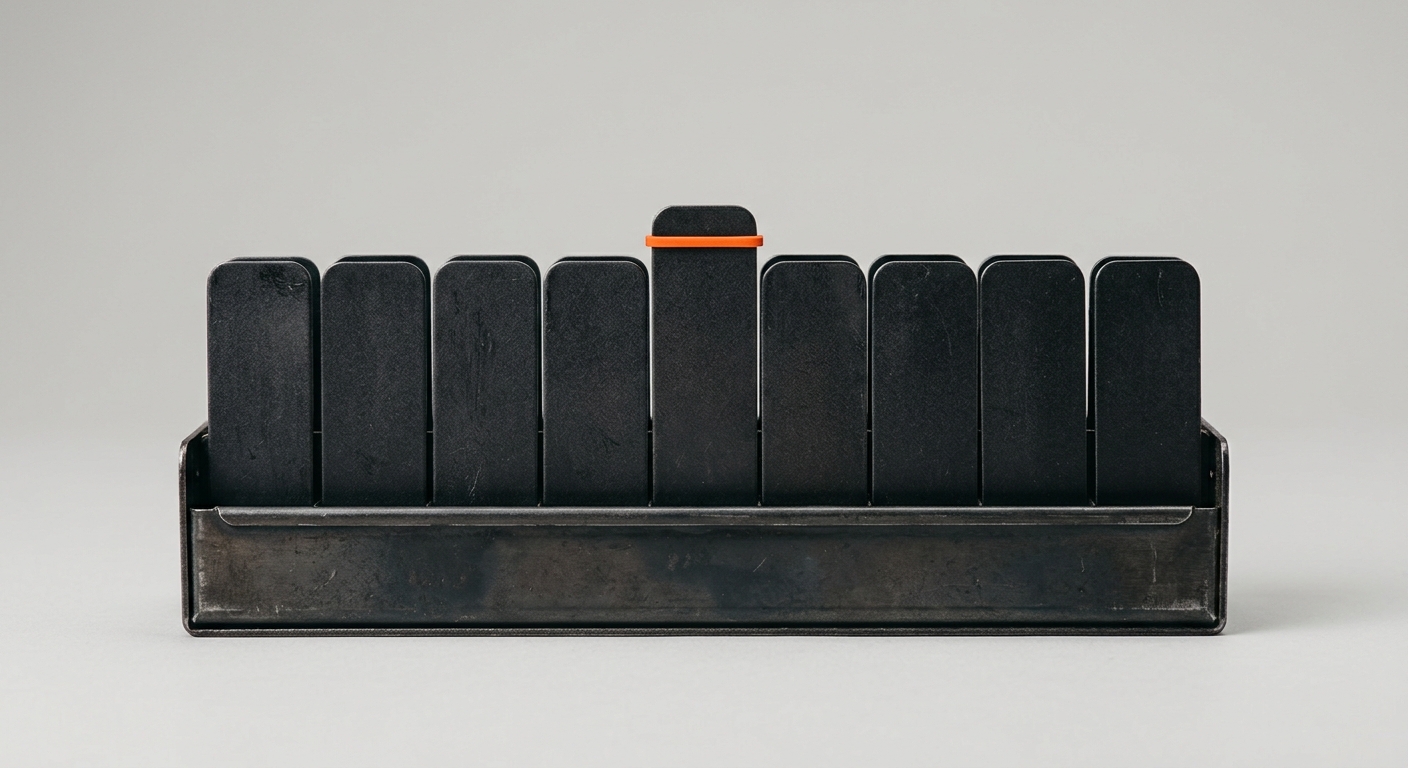 A metal card catalog with one orange-tabbed card raised, representing a Company Brain that keeps competitive positioning and battlecards current