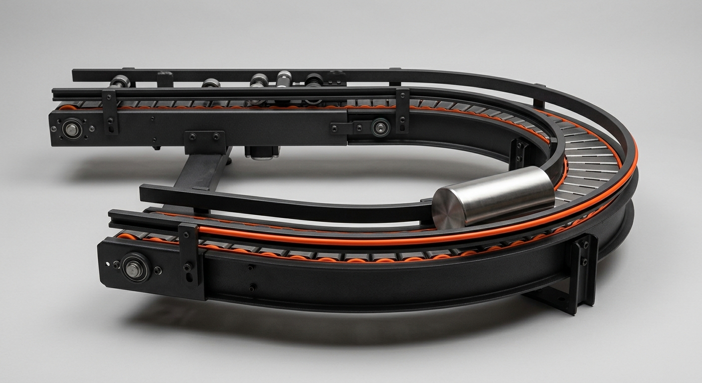 A return conveyor curving back on itself, carrying one item back, like an automated returns loop