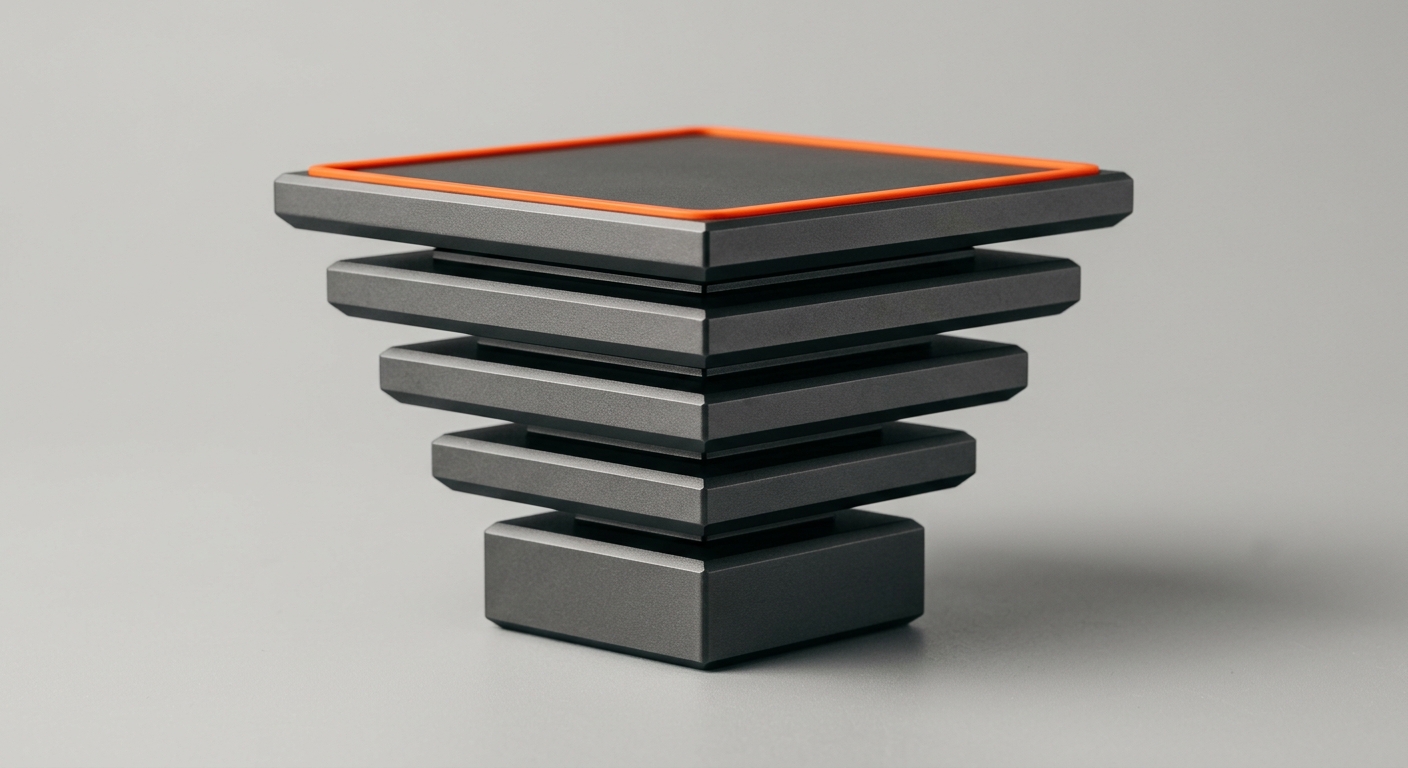 Dark metal plates stacked into a rising column with an orange accent on top, representing measured quantities building up into a priced estimate