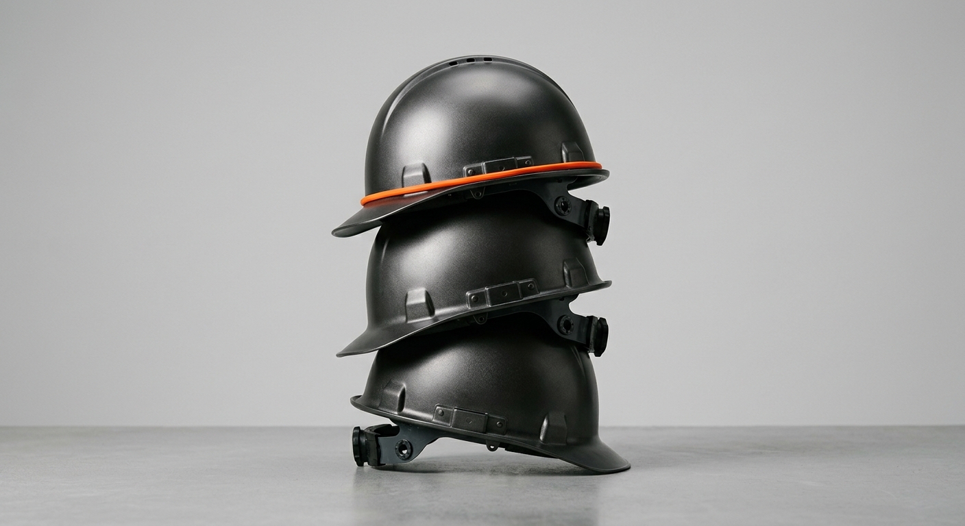 Stacked dark metal hard hats with an orange accent band on the top one - the phased rollout from one Baustelle to the whole portfolio
