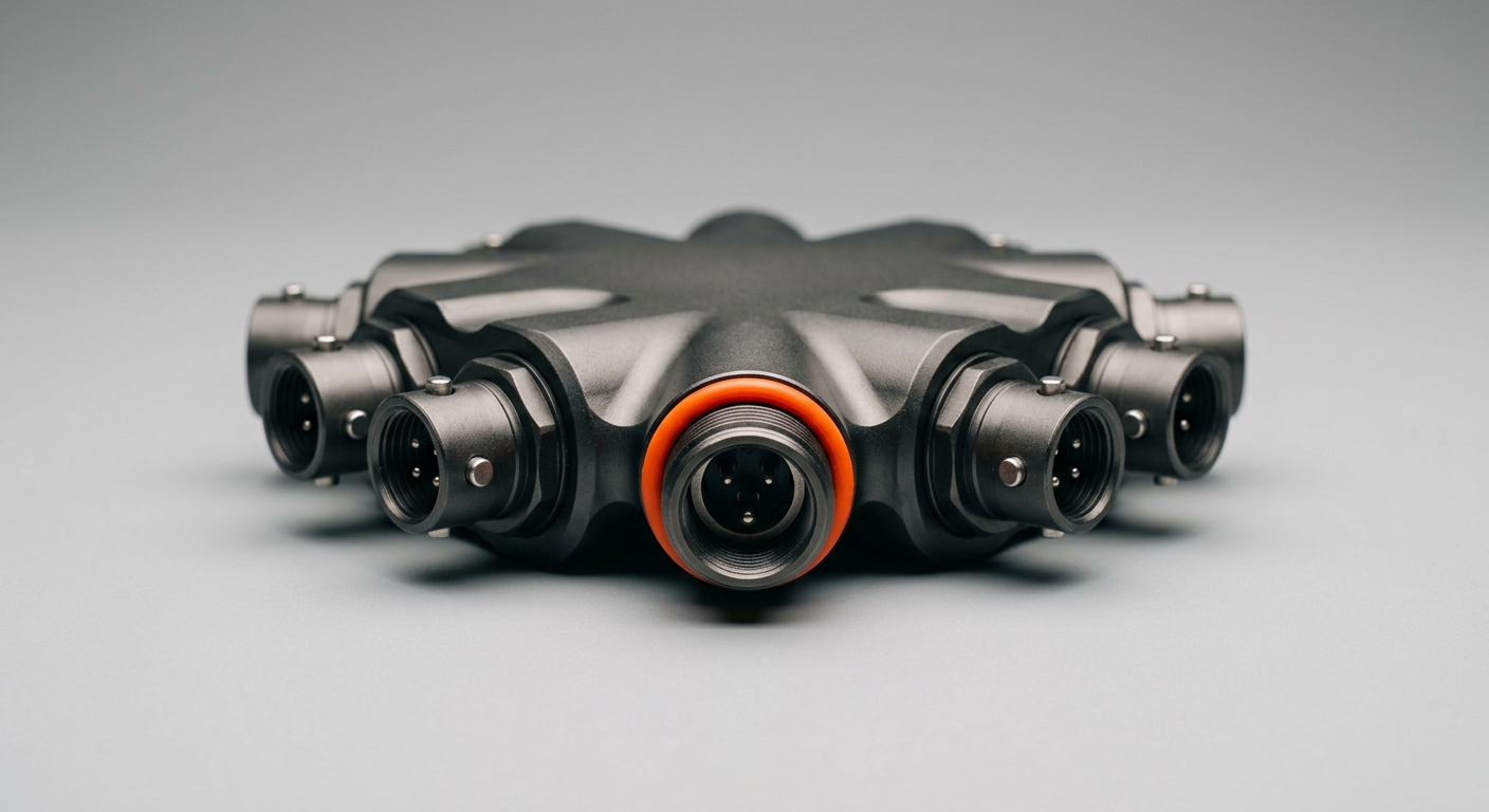 Multiple support channels and systems converging into one resolution, shown as metal ports feeding a single orange-ringed outlet