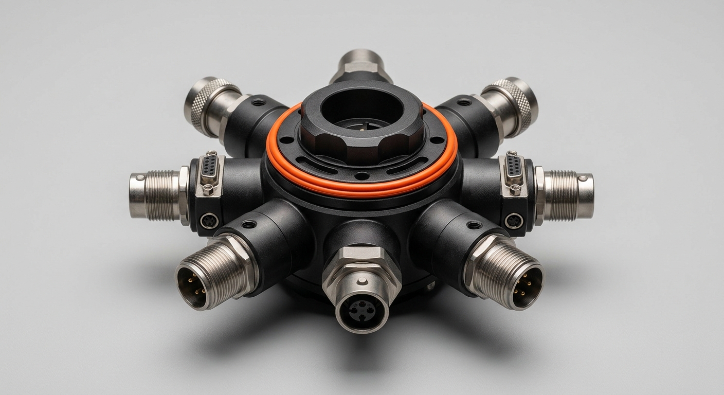 A dark metal hub with multiple connectors and an orange ring, representing an AI employee wired into a company's systems