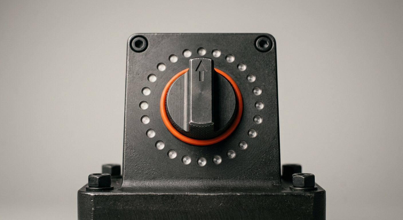A heavy dark metal industrial rotary selector switch with 24 positions arranged in a circle and an orange ring around the central knob - a metaphor for the 24-hour dispatch decision the agent makes every day