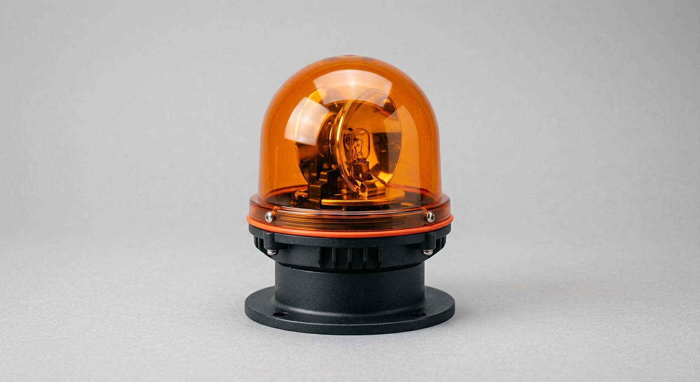 A dark metal industrial warning beacon with an orange lens, representing real-time hazard alerting on the shop floor