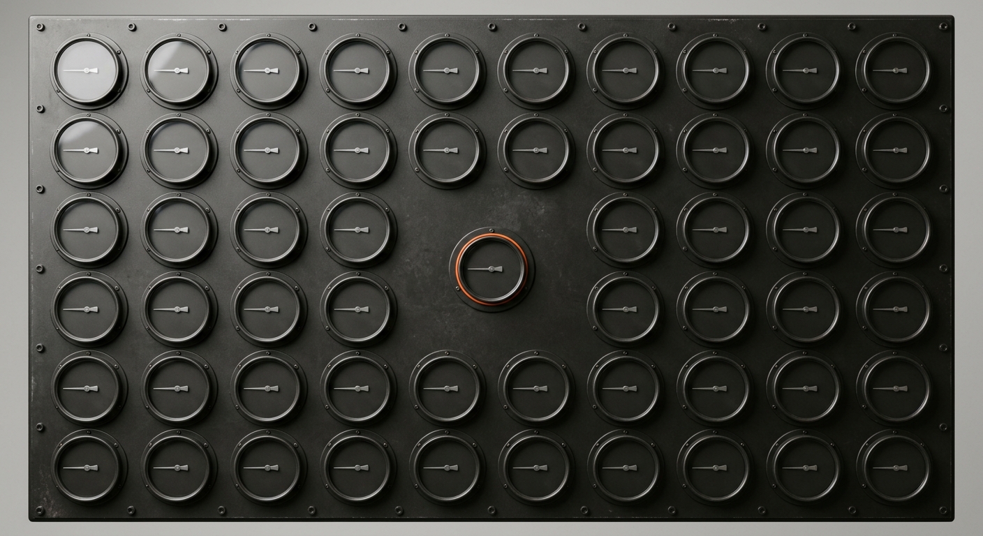 A dark metal building operations panel of identical blank gauges with one ringed in orange, a metaphor for AI facility management tools monitoring many buildings and systems