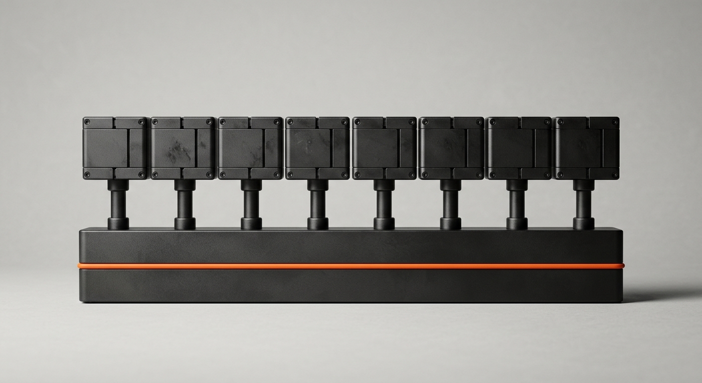 Several dark metal modules connected down into one wide base block with an orange band, a metaphor for a Company Brain sitting underneath and connecting the facility management stack