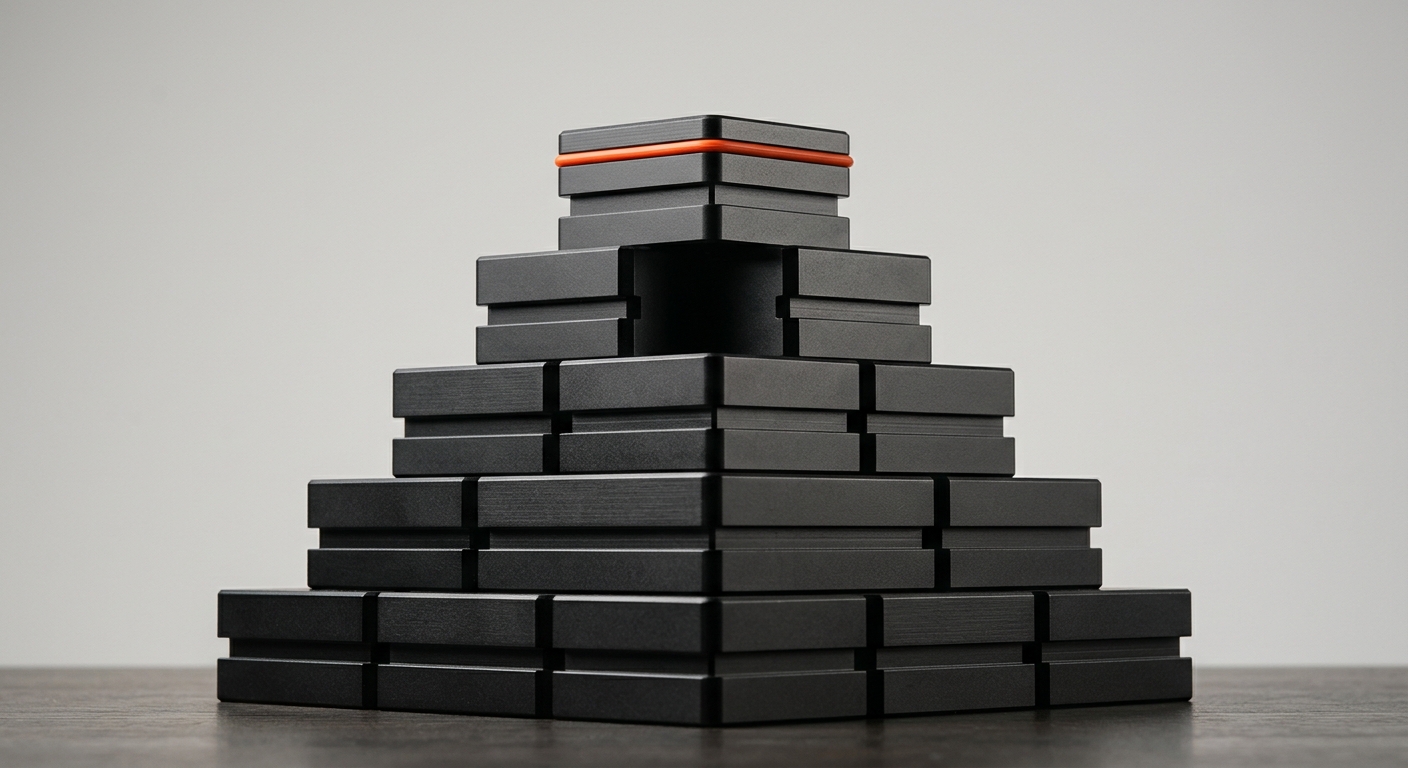 Dark metal blocks stacked into a layered model with an orange accent on the top block