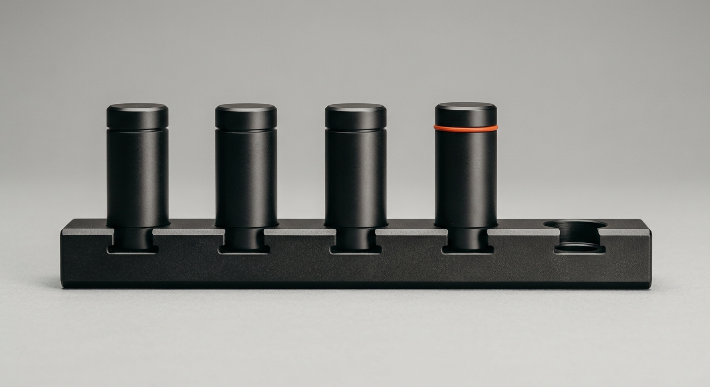 Four dark metal components carrying the load of five on a rail, one slot left empty