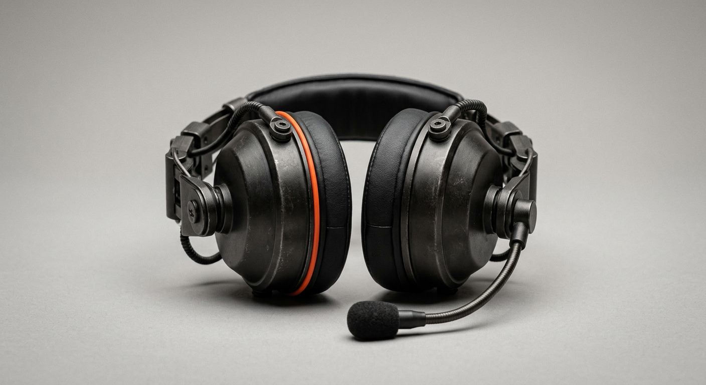 An industrial headset with a boom microphone and an orange accent ring, representing hands-free voice access to company knowledge on the frontline