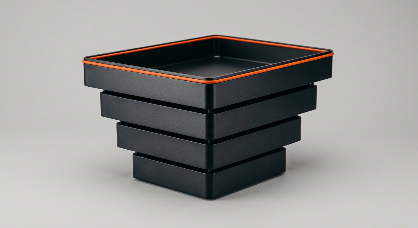 Stacked metal document trays ascending in size with an orange accent rim, representing the phased rollout from one funding application to a managed portfolio across the company