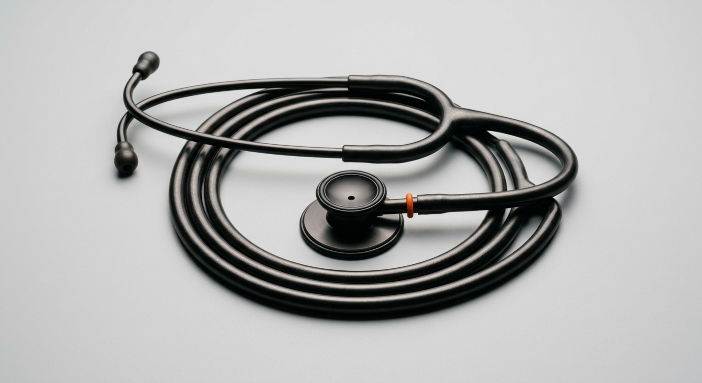 A dark metal stethoscope with a thin orange accent ring, representing AI that takes the routine load off clinicians in clinics, practices, and MVZ