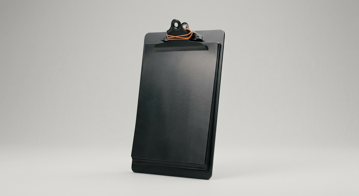 A dark metal clinical clipboard with an orange band, representing the documentation and administrative load AI takes off a practice