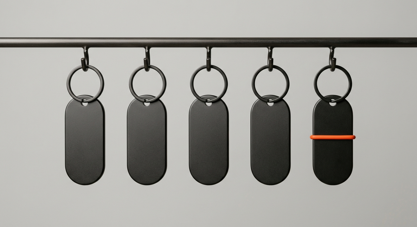 A row of dark metal hotel room key fobs on a rail with one orange accent, representing rooms, inventory and operations across the hotel stack