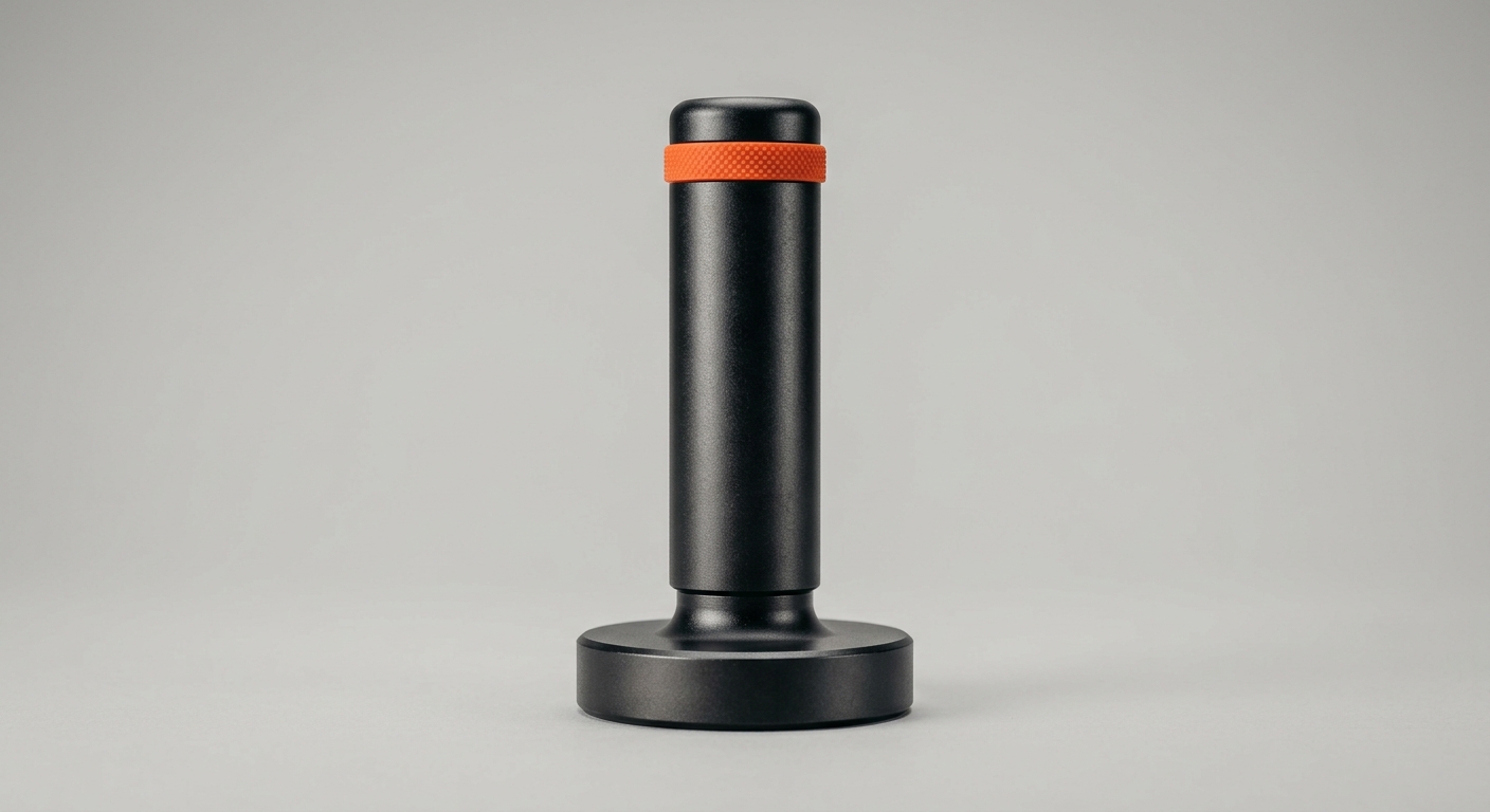 Ein dunkler Metallstempel mit einem orangefarbenen Griffring, als Sinnbild für den menschlichen Sachbearbeiter, der die Entscheidung verantwortet, einen Schaden freizugeben, abzulehnen oder zu regulieren