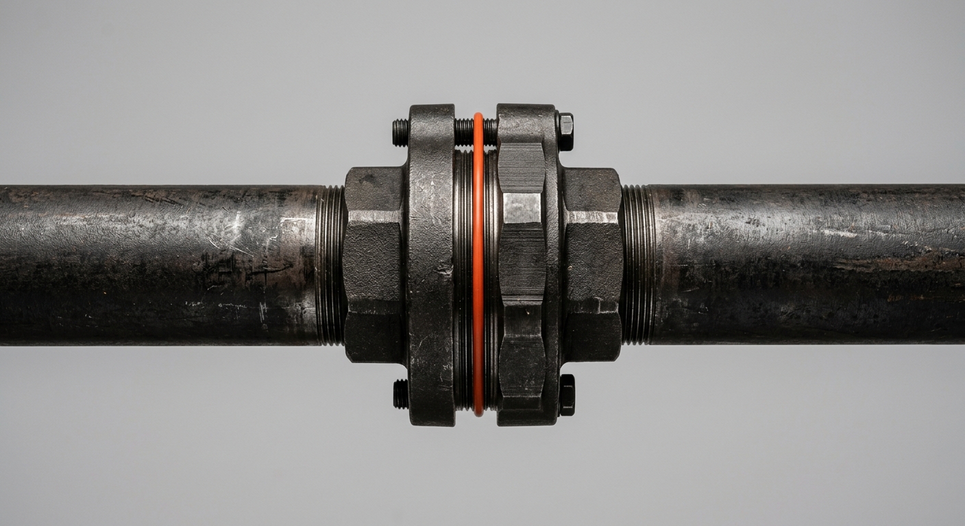 A dark industrial pipe coupling joining two pipes, with an orange sealing ring at the joint, representing the connector where AI value transfers between business systems