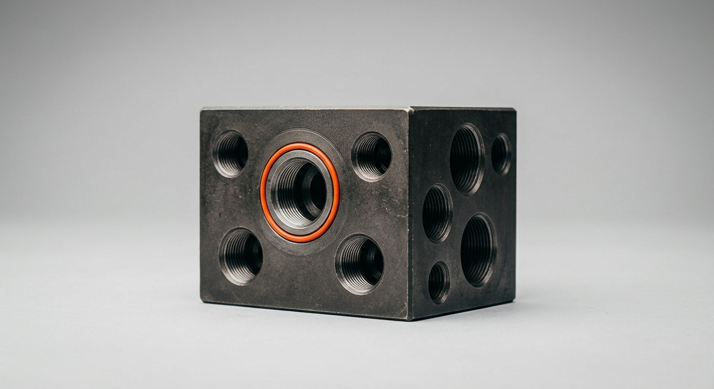 A dark metal industrial manifold hub with several machined ports, one ringed in orange, representing a single integration layer connecting many business systems