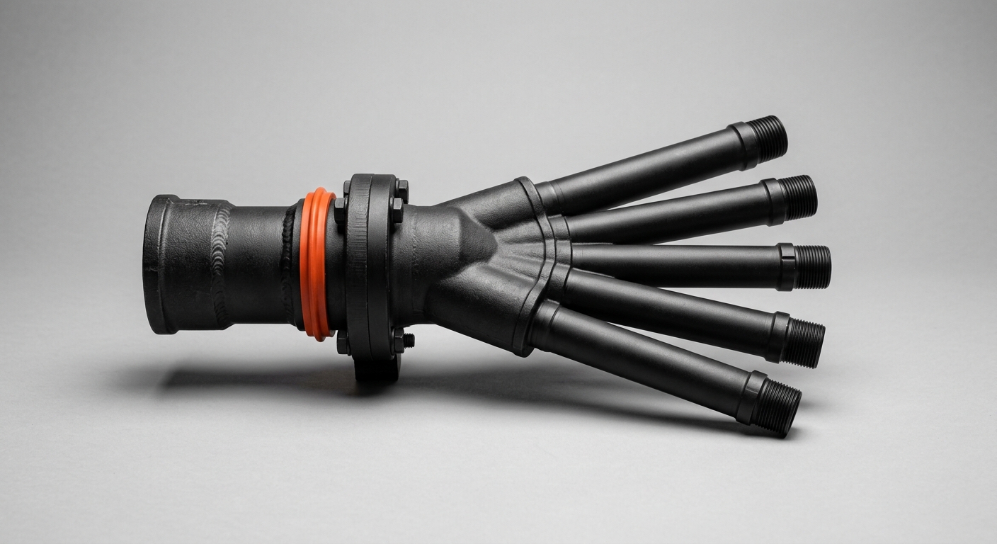 A dark metal distribution manifold with one orange-ringed inlet branching into five outlet pipes, representing one internal message distributed across email, Teams, SharePoint, and the intranet