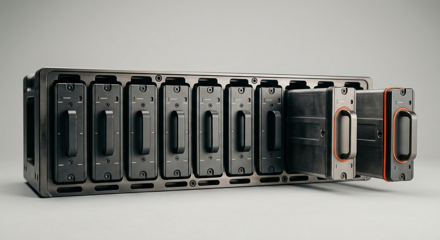 A rack of dark metal cartridge modules with two pulled out, representing unused software licences in a comparison of SaaS management tools