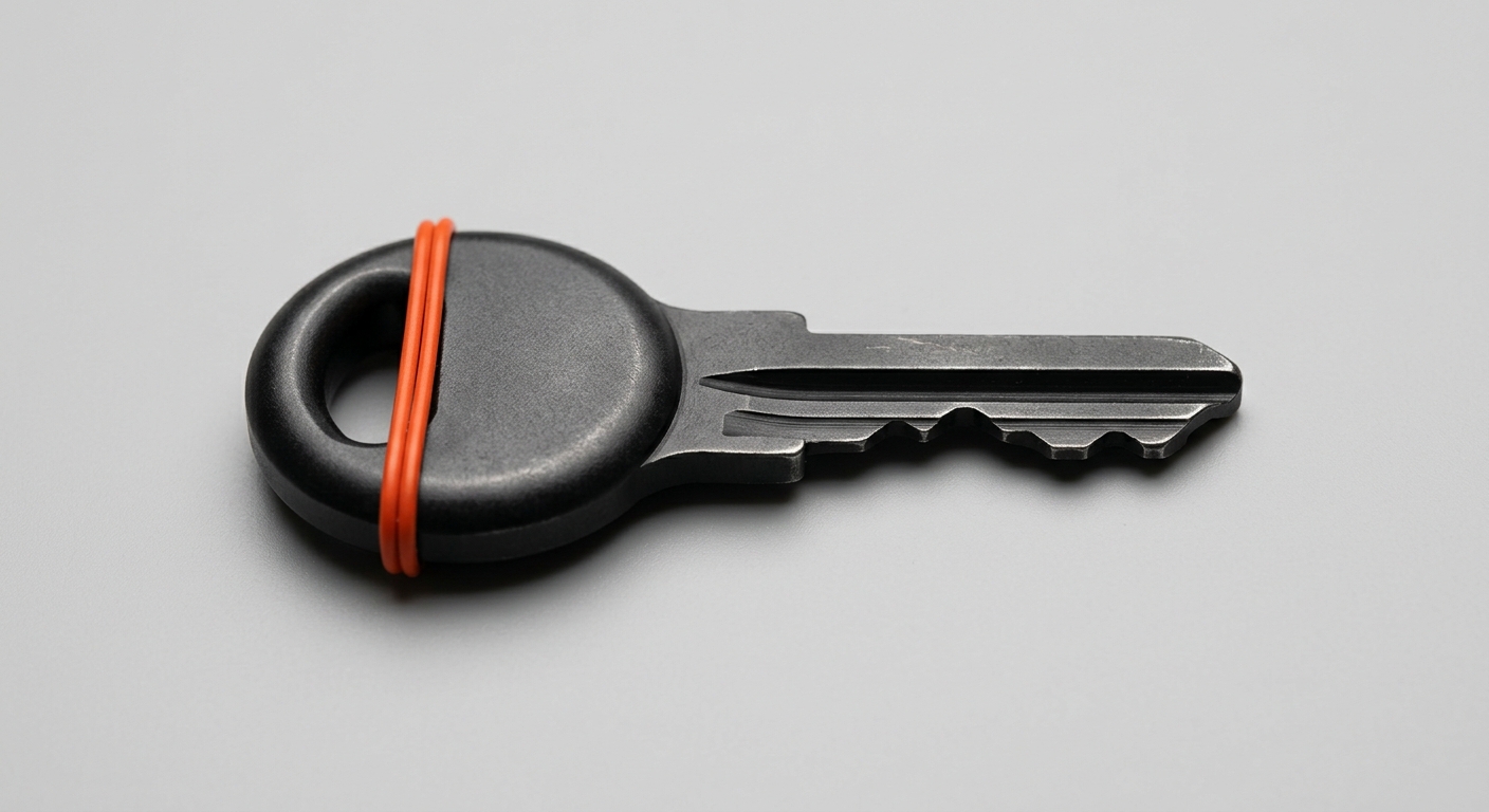 A dark metal key with an orange ring, representing automated password and access request handling
