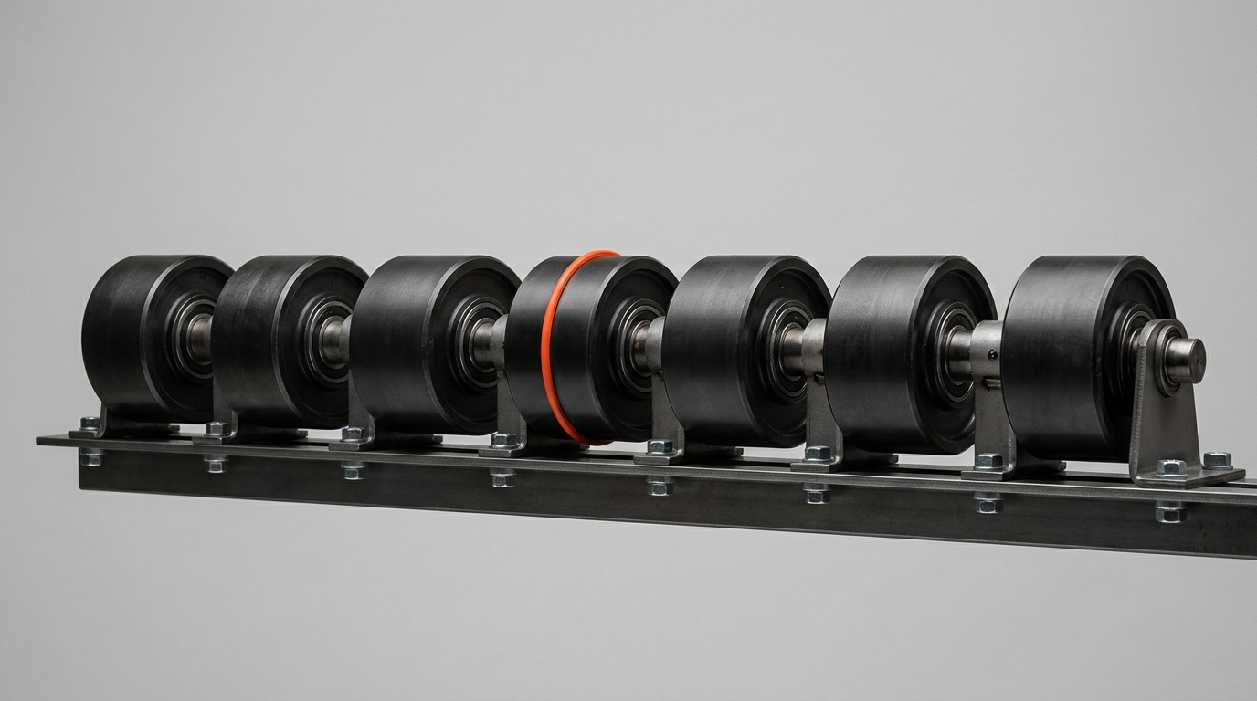 Conveyor rollers representing the goods receipt to shipping flow in a Mittelstand warehouse