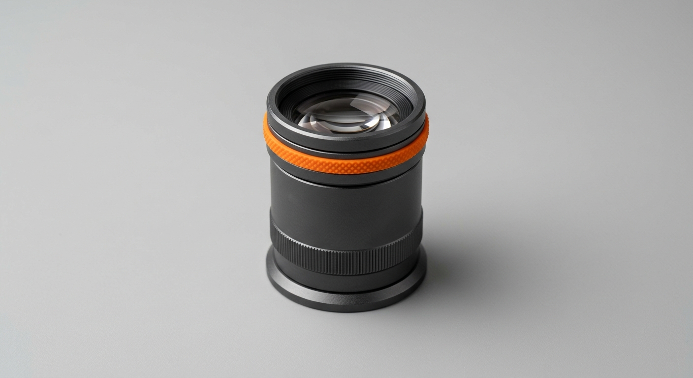 A precision magnifying instrument with an orange accent ring, representing AI tools for market research and customer insights