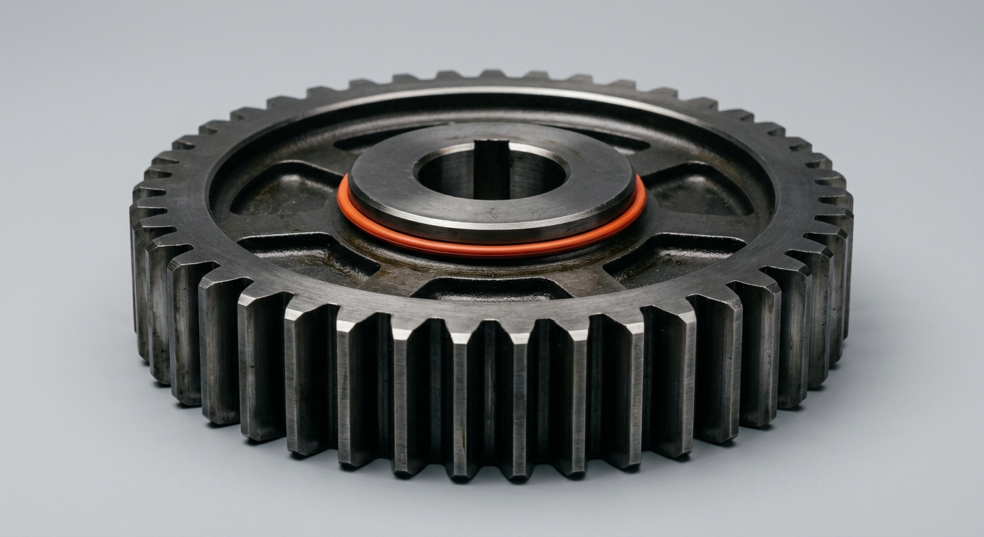 Dark matte industrial gear with orange accent ring at the hub representing AI-augmented productivity in German mechanical engineering