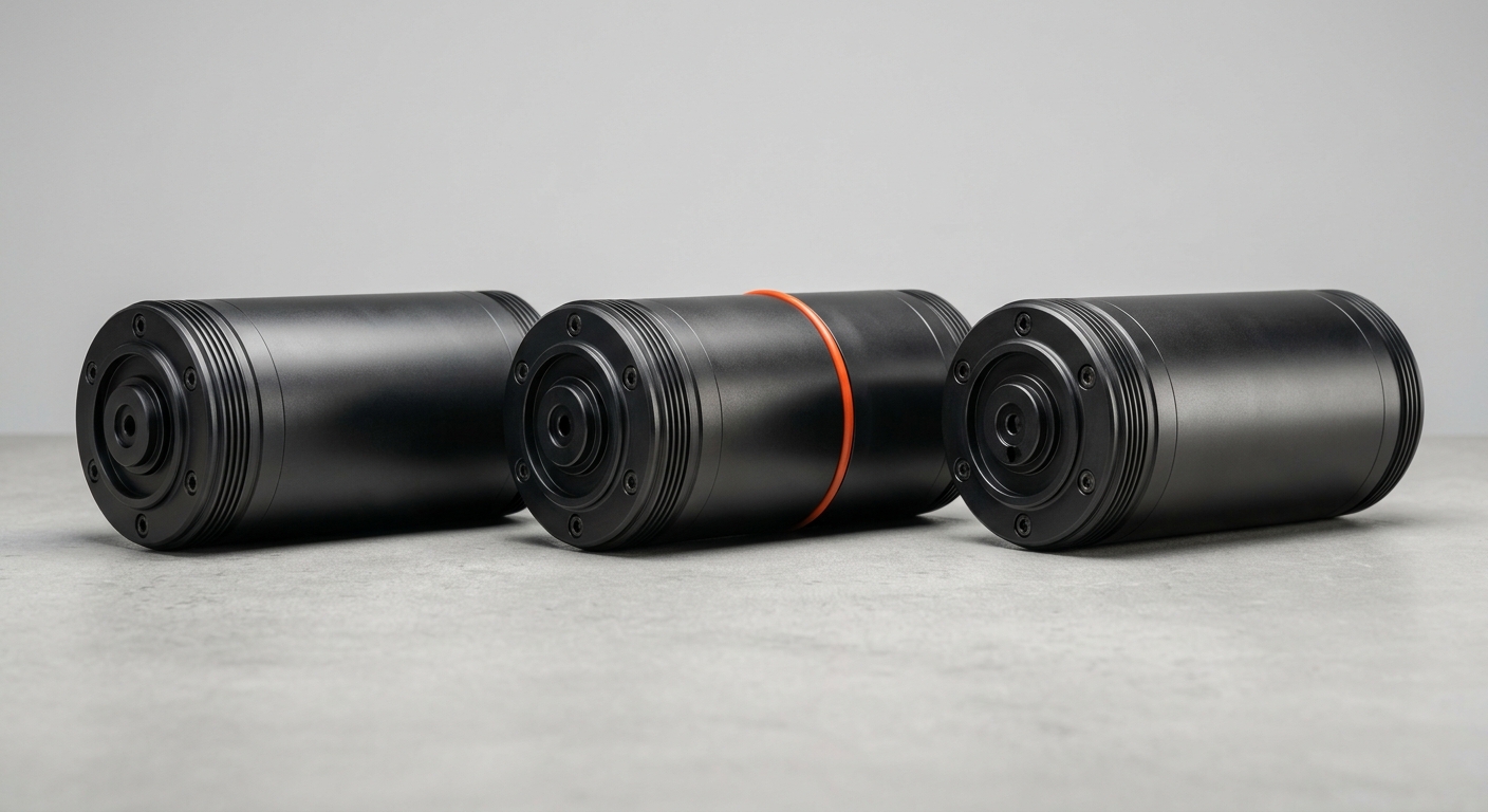 Three identical dark matte cylindrical machinery modules with the middle one accented by an orange ring representing AI-augmented service modules