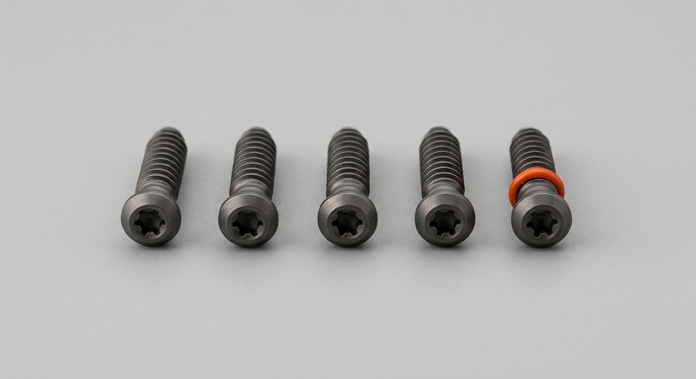 A row of identical precision-machined medical implant screws with one marked by an orange ring, representing AI across the traceable records of medical device manufacturing