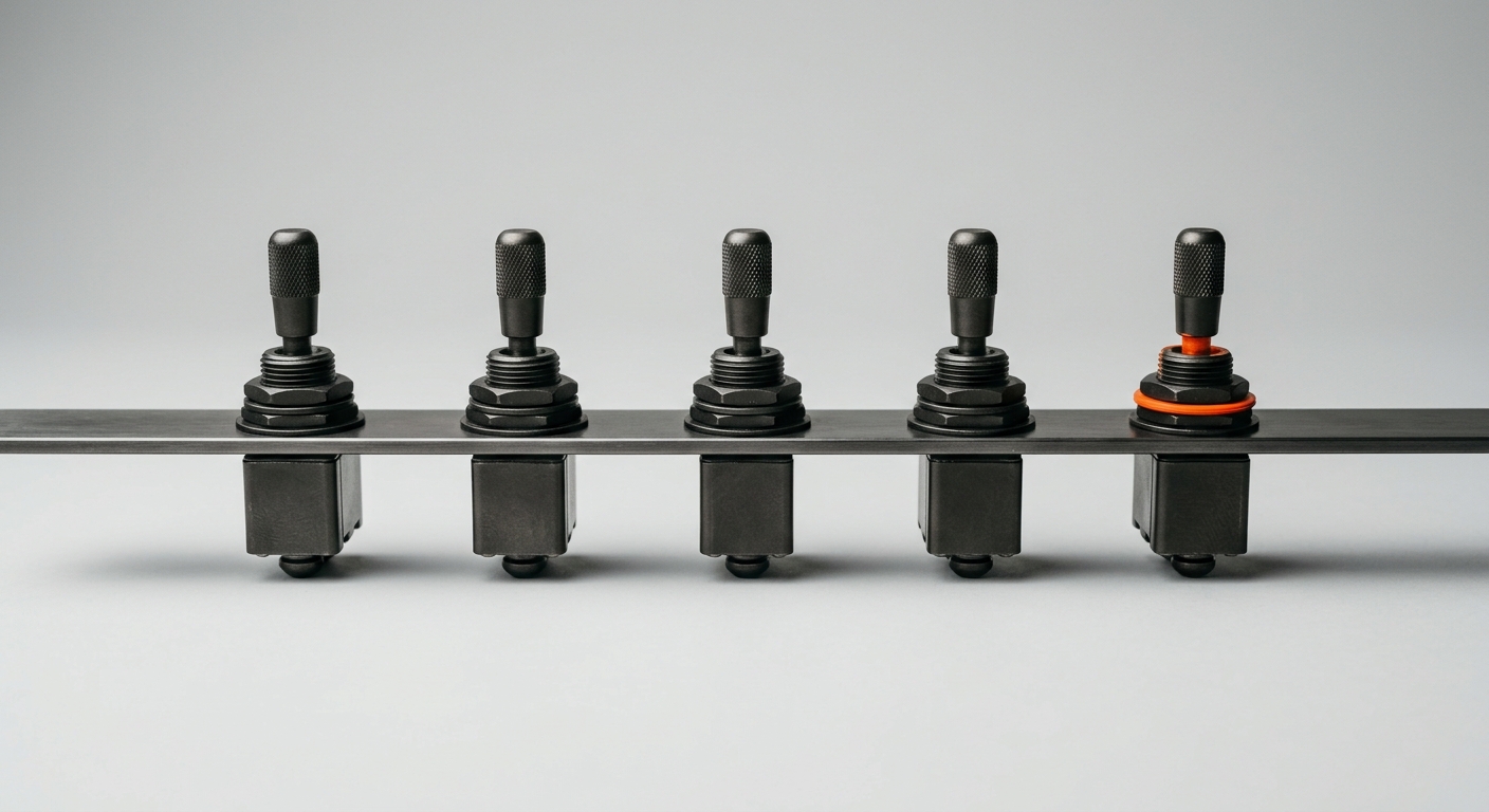 A row of switches with most flipped on, representing action items that actually get completed