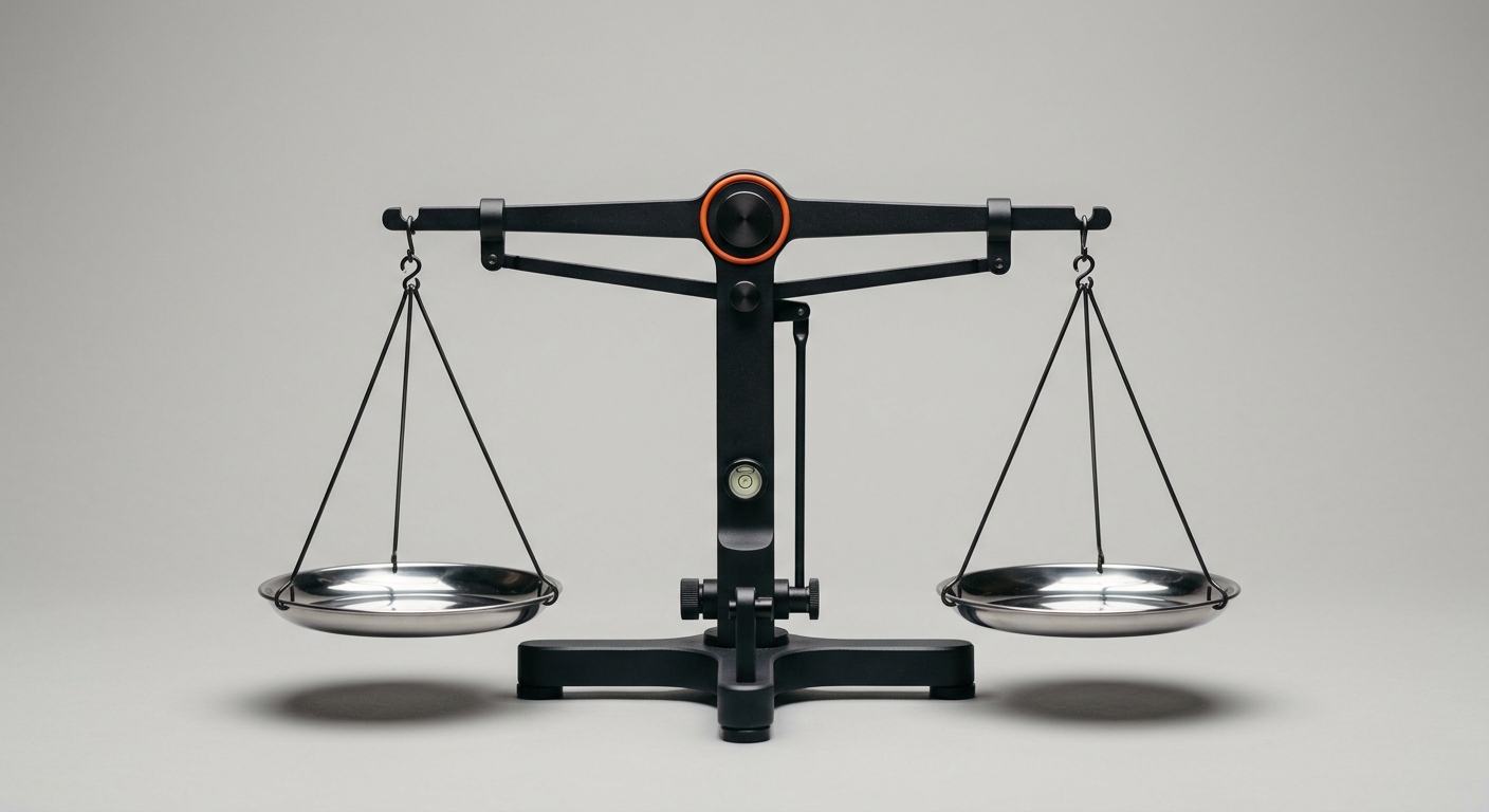A precision balance scale in perfect equilibrium, representing a reconciled receivables ledger and working capital in balance