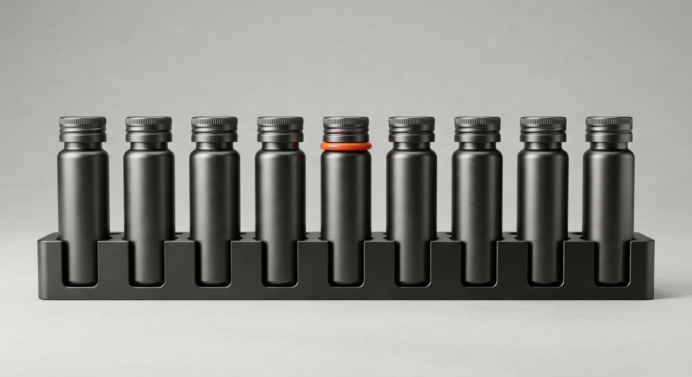 A rack of identical regulated sample vials with one marked by an orange ring, representing AI across validated life sciences systems