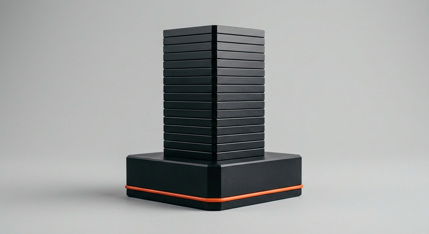 A stack of dark metal layers resting on a foundation block with an orange band, a metaphor for a Company Brain sitting underneath the process mining stack