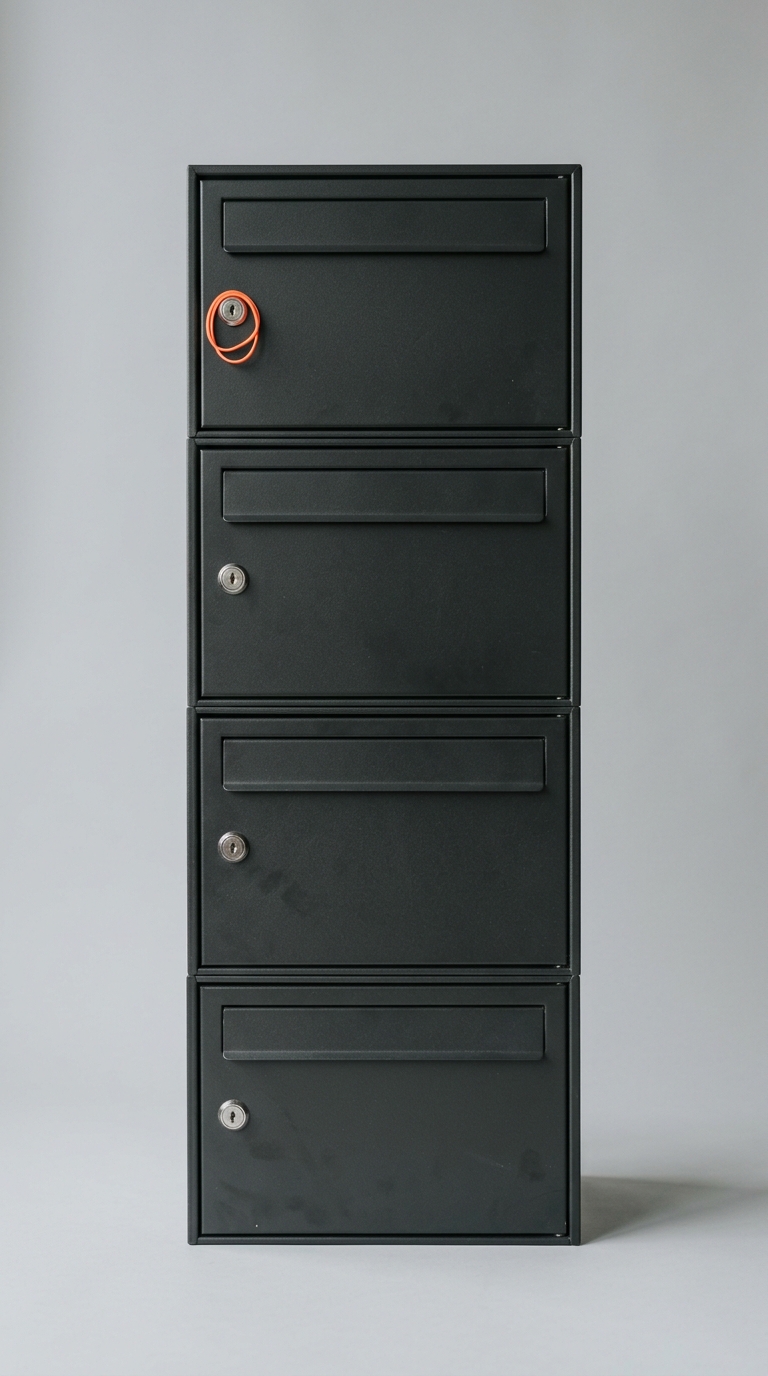 A vertical bank of dark metal mailbox doors with an orange accent on the top lock - the phased rollout from one WEG to the whole Bestand