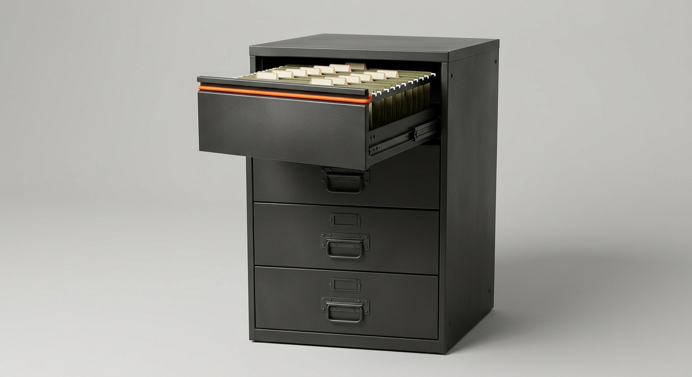 A dark metal archive filing cabinet representing institutional knowledge retained inside an agency