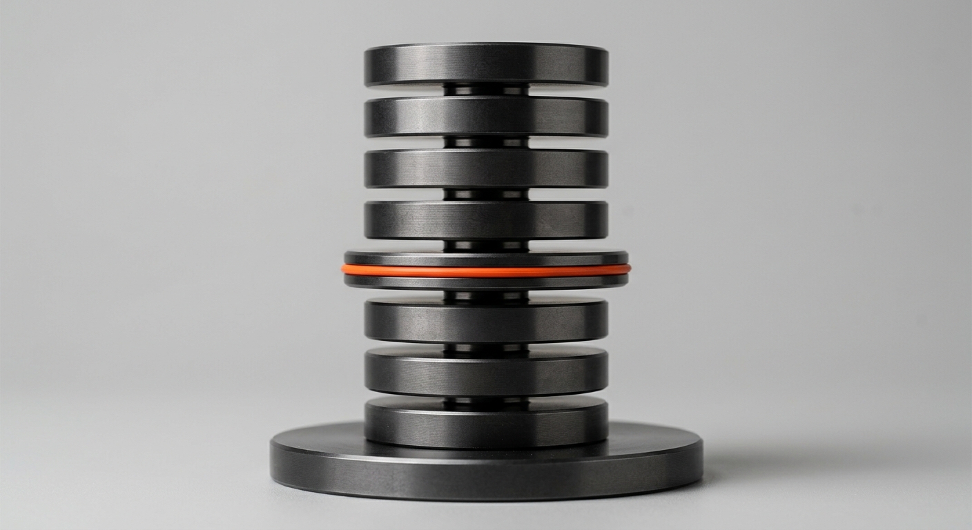 Acht gestapelte dunkle Metallpräzisionsscheiben, die vierte grösser und mit orangem Ring umfasst - Sinnbild für die 8D-Problemlösungssequenz und den kritischen Ursachenanalyse-Schritt, den KI beschleunigt