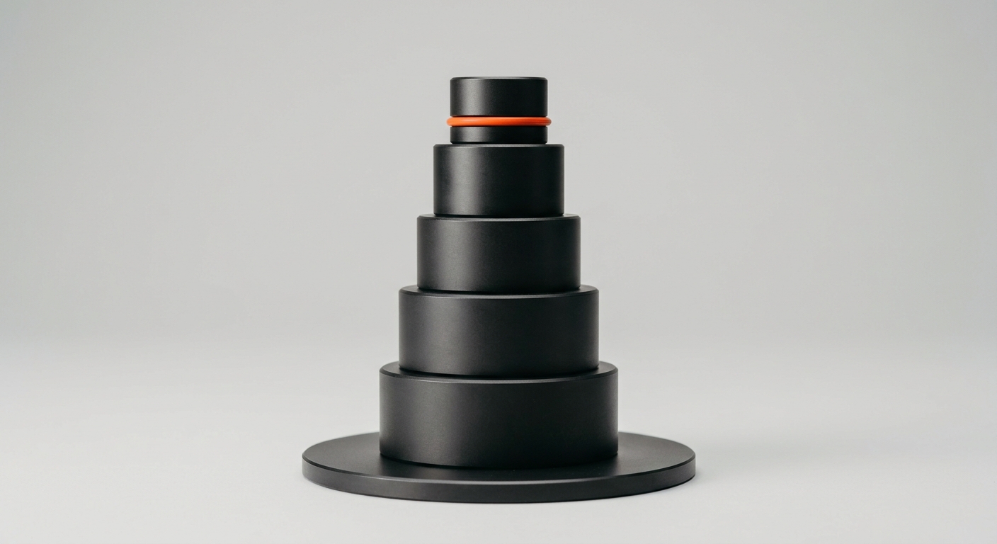 Ein Stapel dunkler Metallkalibriergewichte in absteigender Grösse, das oberste Gewicht mit orangem Ring umfasst - Sinnbild für den Kostenkomponenten-Stack eines Angebots mit der Marge als variabler Grösse obenauf