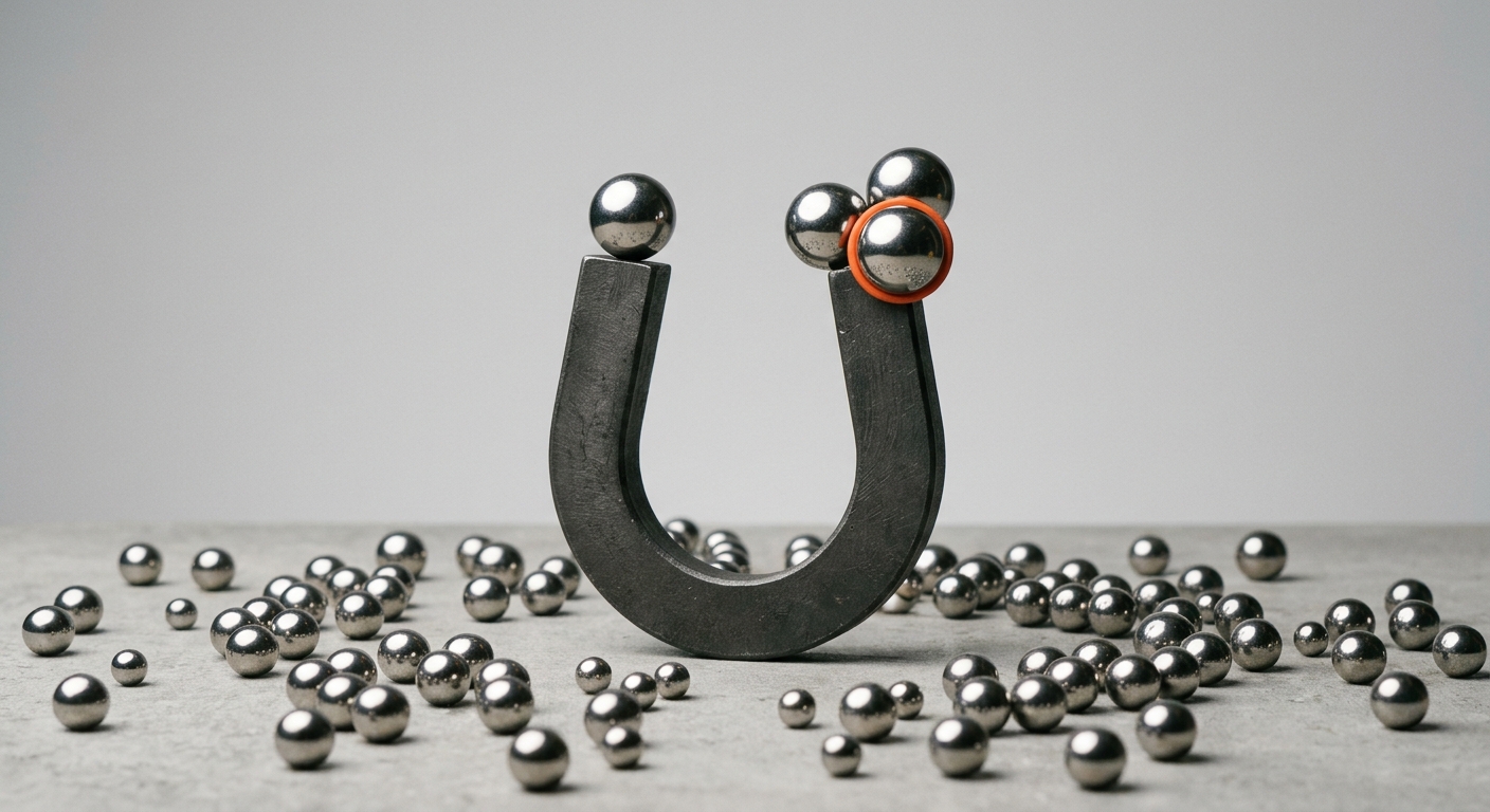 Ein dunkler Metallmagnet zieht ausgewählte Metallkugeln aus einem großen verstreuten Pool, eine mit orangem Akzentring, als Sinnbild für KI-Sourcing, das die richtige Kandidatin aus einem riesigen Talentpool findet