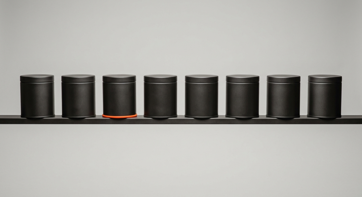 A row of identical stock canisters on a shelf rail with one orange accent, representing consistent inventory and stock levels across every store